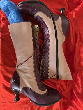 Fluevog Katrin Hi Two-Tone Lace-Up Mid-Calf Boots in Plum and Rose